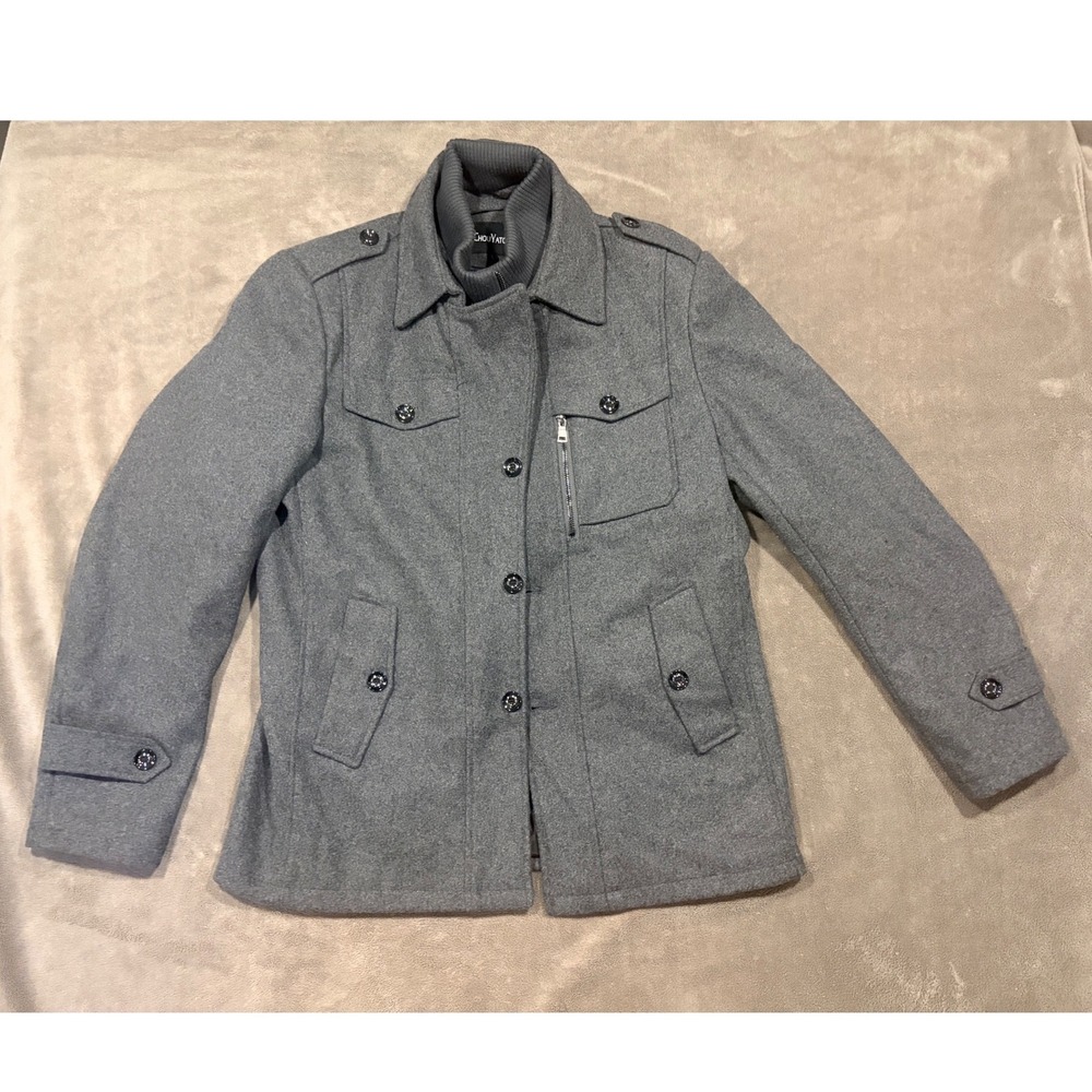 ChouYatou Mens Military Wool Blend Coat Gray Double Collar Jacket Large